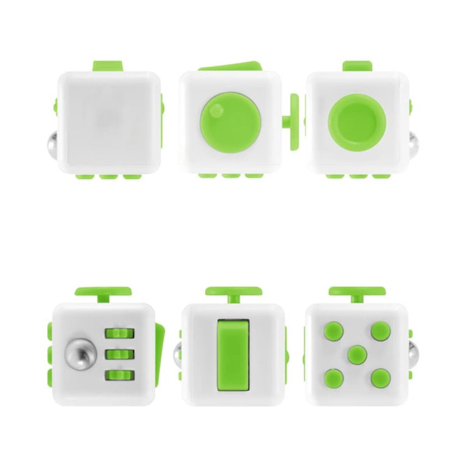 A fidget cube featuring a white body with bright green accents, showcasing various tactile buttons and switches.
