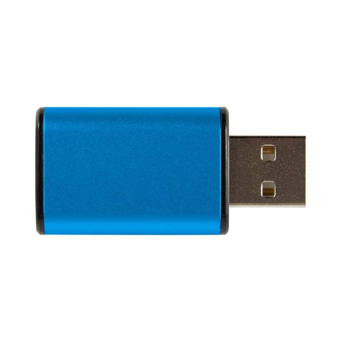 A blue metal USB data blocker with a USB connector, featuring a sleek design.