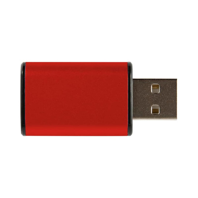 A red USB data blocker with a metal casing and a USB connector.