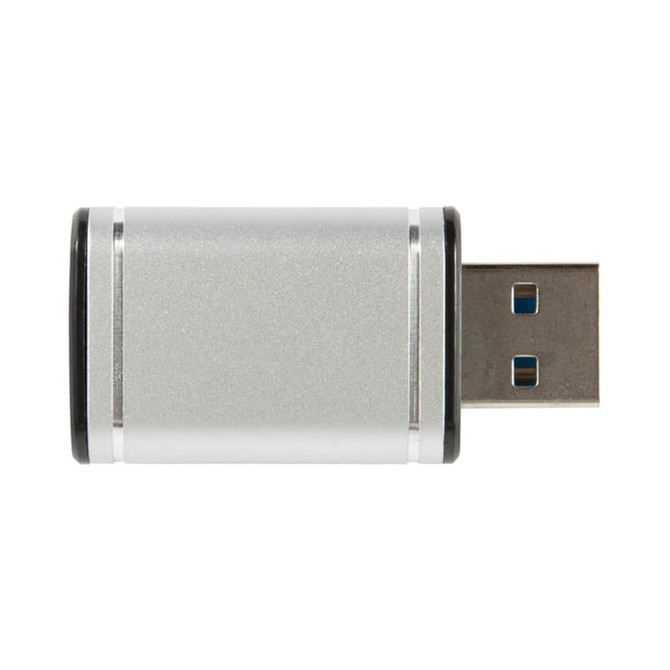 A silver USB Data Blocker Metal 3.0 device with a black accent and a USB connector.