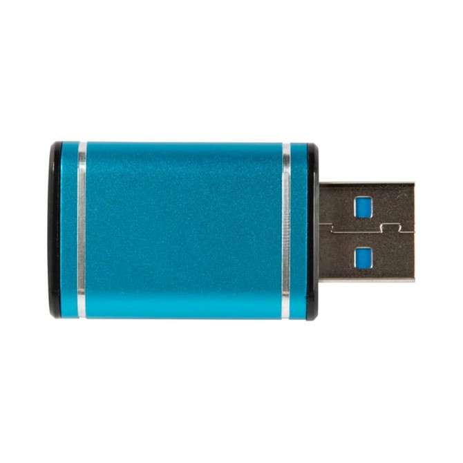 A blue USB data blocker with metallic accents, featuring a USB connector at one end. It has a simple design and a logo.