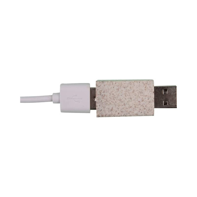 A USB data blocker in a cream and beige colour, featuring a white cable and a logo on the device.