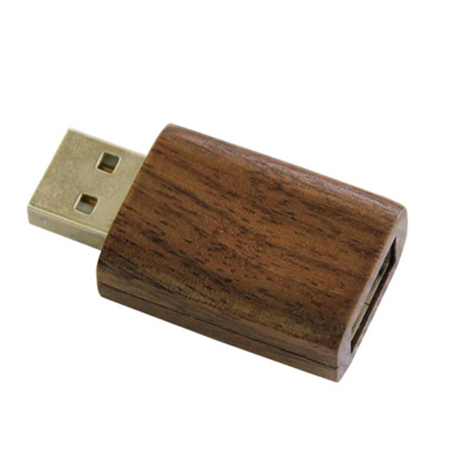 A wooden USB data blocker featuring a gold USB connector, showcasing a sleek and natural finish.