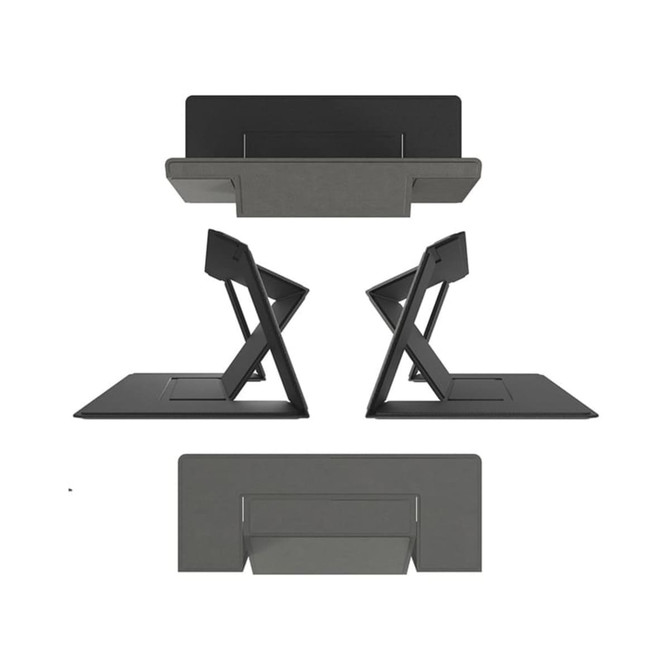 A sleek, black ultra slim laptop stand displayed from various angles, showcasing its compact design and an understated logo.