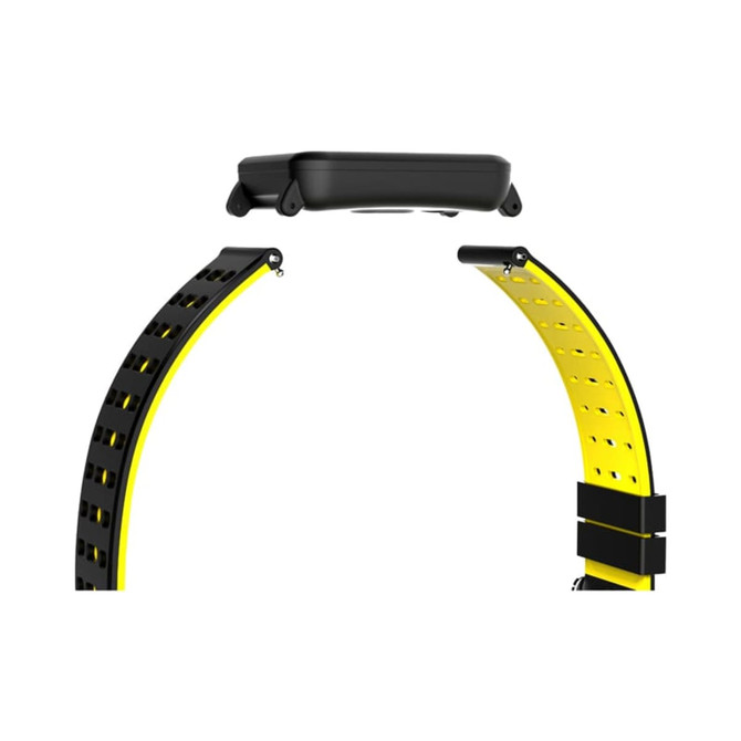 A black and yellow smart watch with a sleek design and a perforated strap, featuring a branded logo.