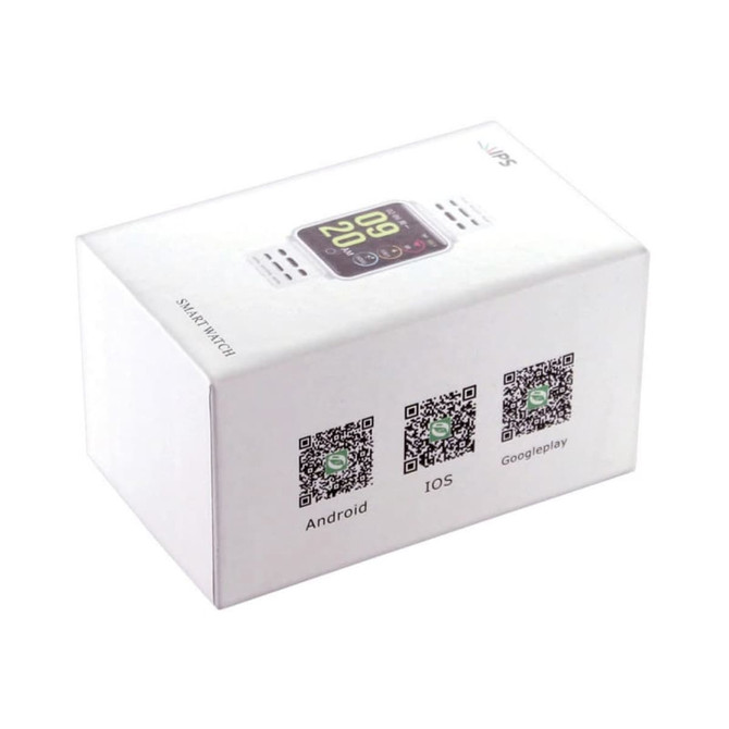 A white box for the Hydra Smart Watch featuring QR codes and a logo. It has a sleek design suitable for home use.