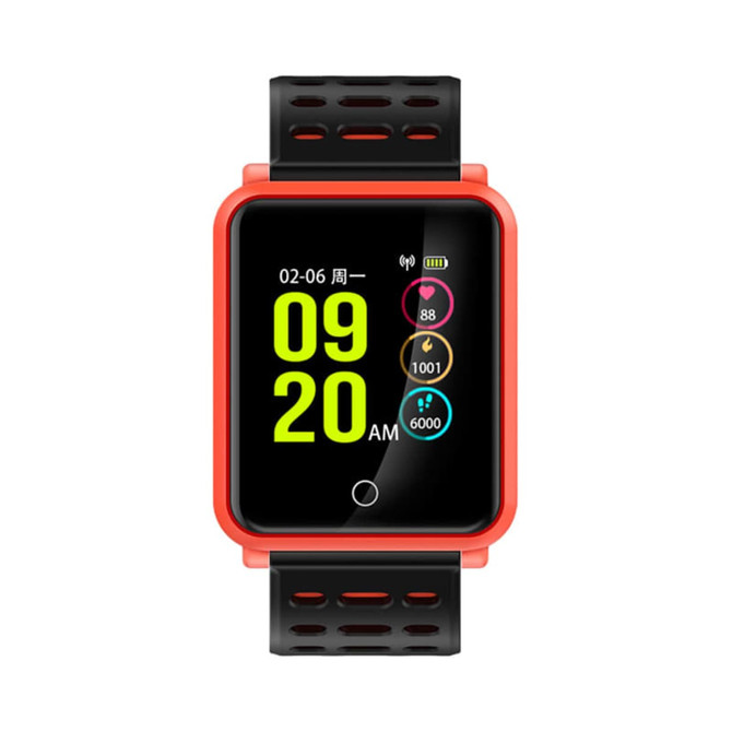 A smart watch featuring a black and red design with a touchscreen display and various icons. It has a logo.