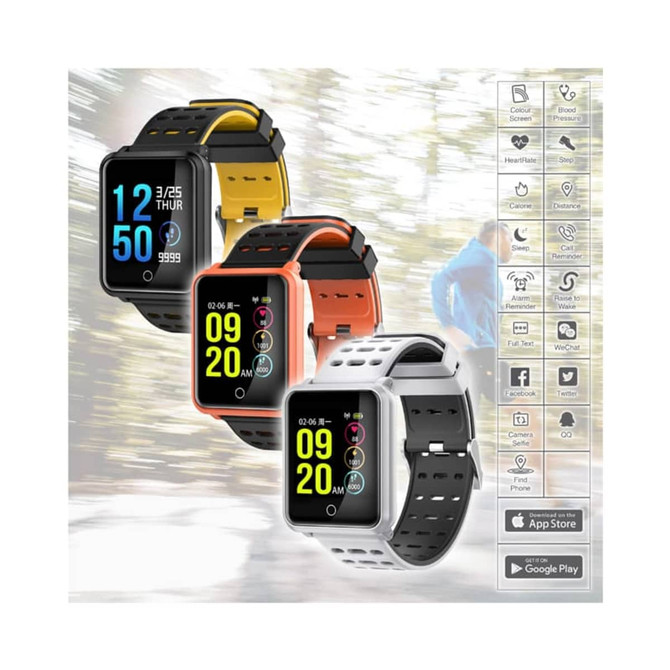 A smartwatch in black, orange, and white, featuring a digital display, a logo, and straps with a sporty design.