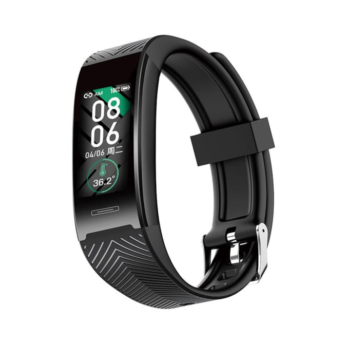 A black smart band with a digital display showing time and other metrics, featuring a textured design and a metal clasp.