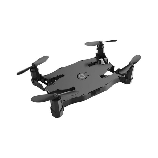 A foldable black drone with four propellers and a compact design, featuring a logo on top.