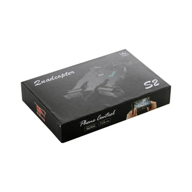 A foldable black drone in a box labelled "Quadcopter S2," featuring a logo and phone control capabilities.