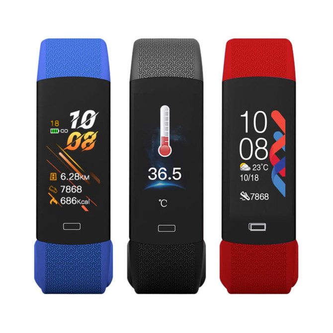 A smart band available in blue, black, and red, featuring a digital display with various metrics and a logo.