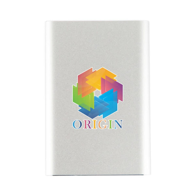 A silver USB 3.0 hard drive featuring a multicoloured logo on the front.