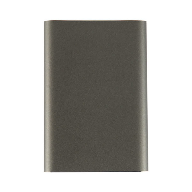A dark grey USB 3.0 hard drive with a smooth finish and a slim design, featuring a logo.