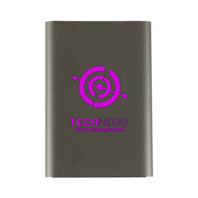 A grey USB hard drive with a circular logo and branding. The design is sleek and modern.