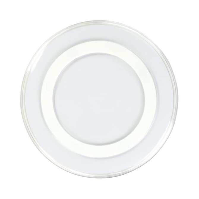 A transparent wireless charger with a sleek round design and a white inner ring. The product features a logo.