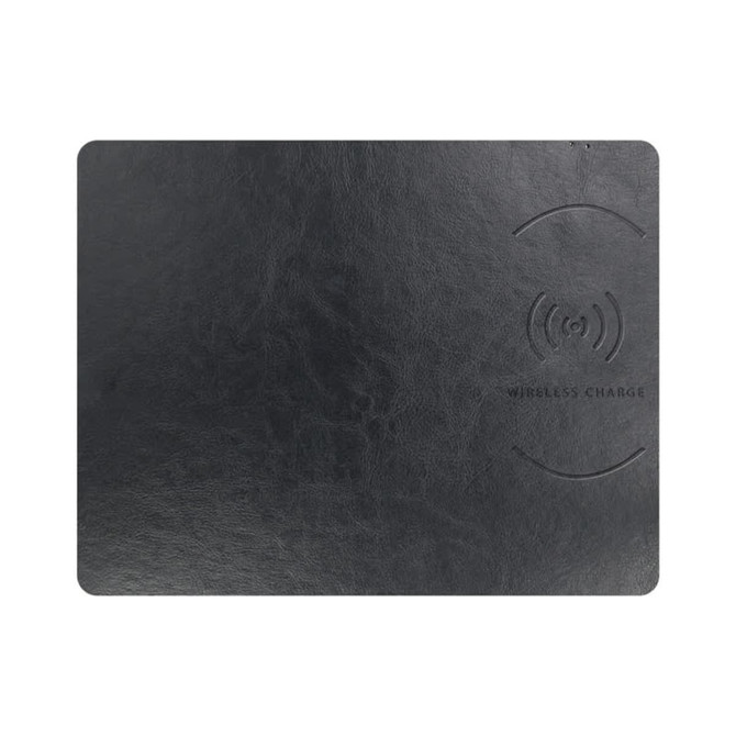 A black wireless charging mouse pad with a textured surface and an embedded charging symbol. Features a logo.