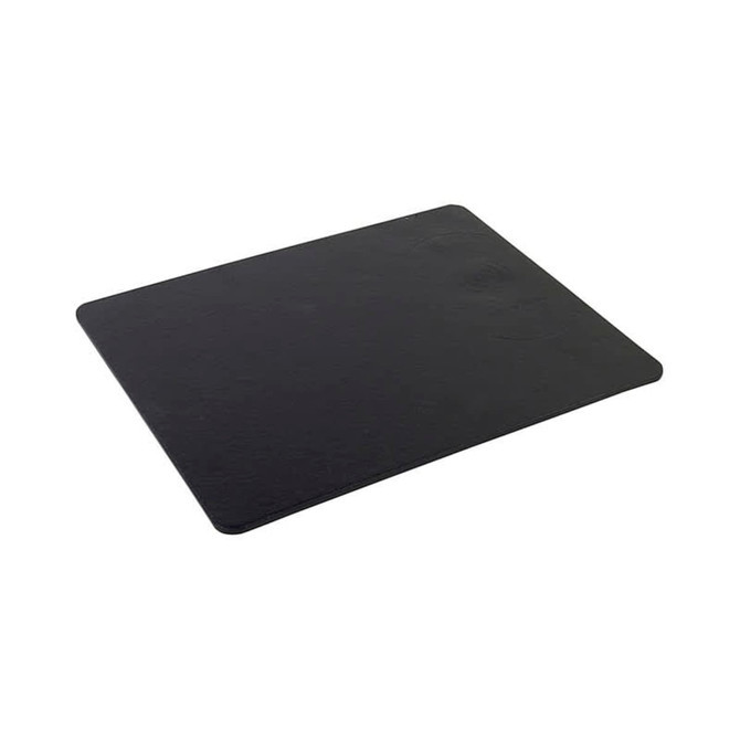 A black wireless charging mouse pad with a sleek design and rounded edges. It features a logo on the surface.