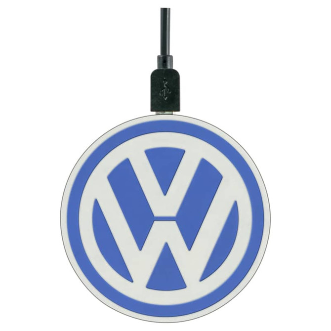A round blue and white wireless charger featuring a logo, with a black charging cable attached.