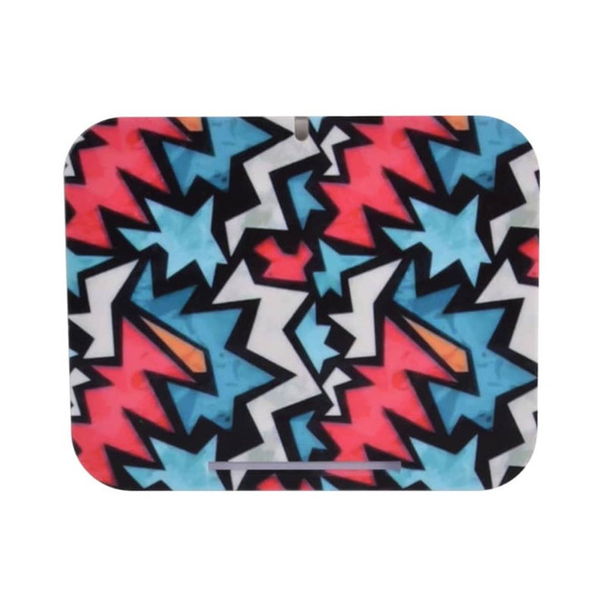 A wireless charger stand featuring a vibrant, abstract pattern with black, pink, blue, and white colours.