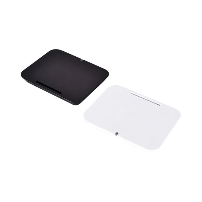 A black and a white wireless charger stand are displayed side by side, featuring a sleek, minimalist design.