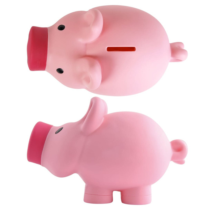 A pink pig-shaped coin bank with a slot for coins and a round base. It features a simple design and a soft finish.
