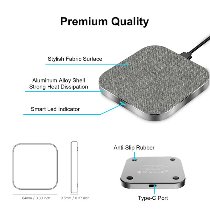 A square wireless charger with a stylish fabric surface, silver edges, and a Type-C port. It features an anti-slip rubber base.