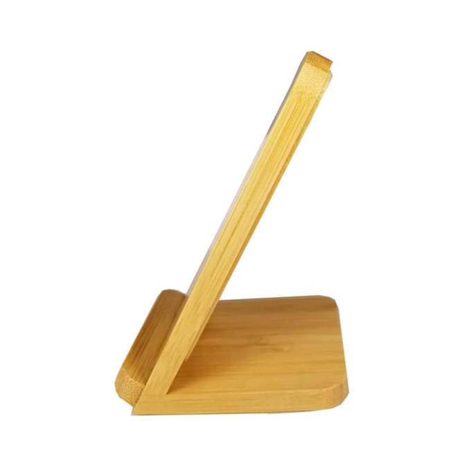 A wireless charger made of bamboo, featuring a sleek, angled design with a square base.