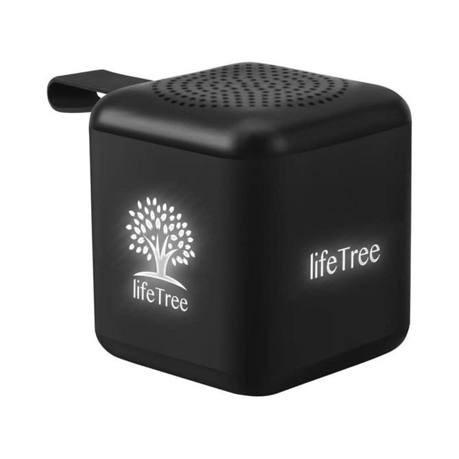 A black mini cube-shaped Bluetooth speaker featuring a logo and light-up design.