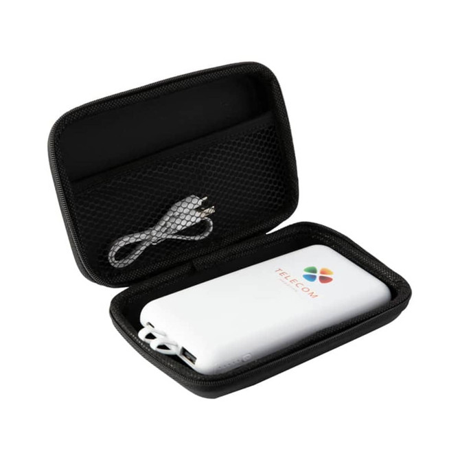 A white power bank in a zippered black case, accompanied by a charging cable. The power bank has a logo.