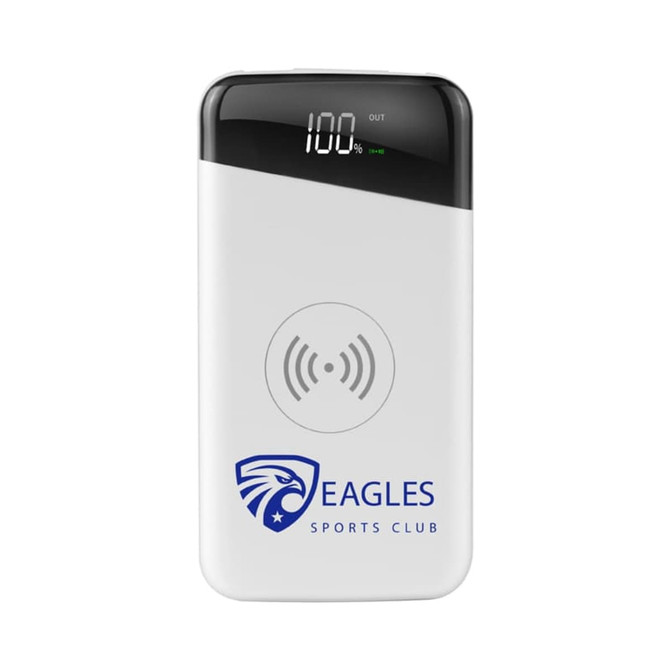 A white wireless power bank with a logo, featuring a digital display and a round charging area.