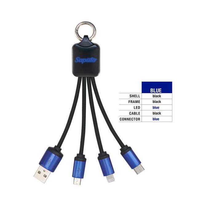 A blue charging cable with multiple connectors attached to a black keychain-style holder.