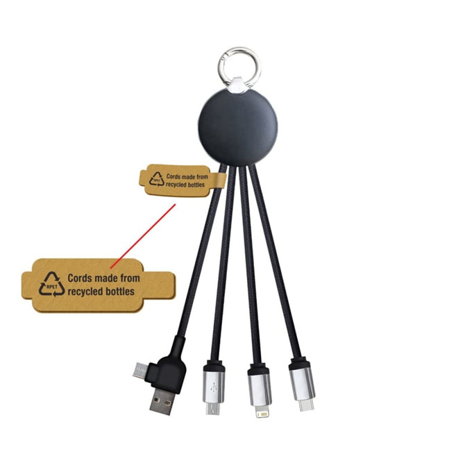A charging cable with a keyring attachment, featuring multiple connectors: USB, Micro USB, and Lightning. Black colour.
