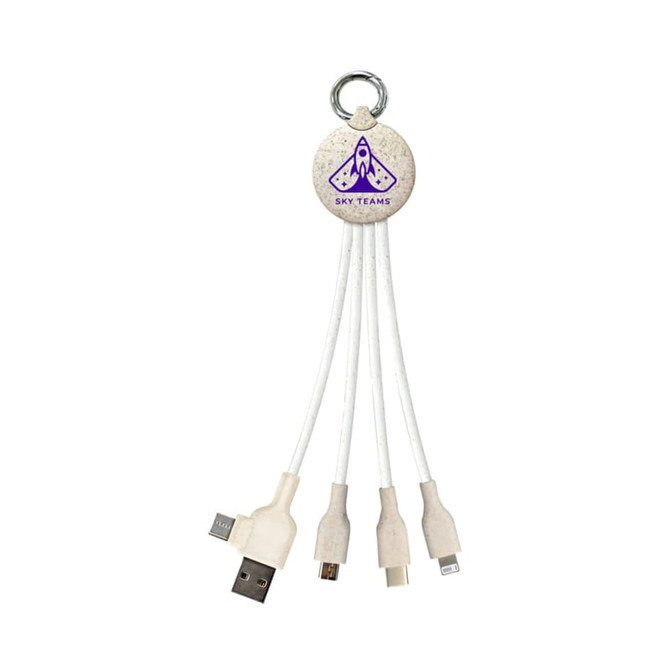 A wheat straw charging cable in white with multiple connectors, attached to a round keyring with a logo.