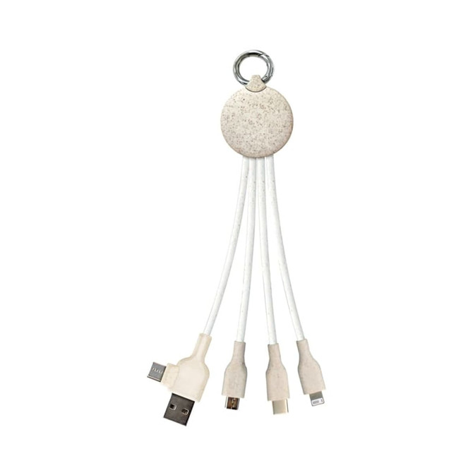 A wheat straw charging cable in off-white, featuring multiple connectors and a ring for attachment.