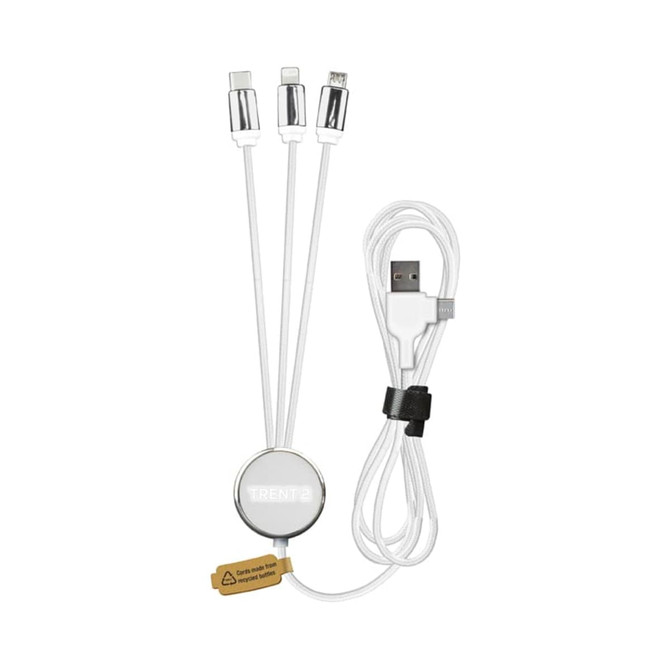 A white charging cable with multiple connectors, including USB, Lightning, and Micro USB, featuring a round attachment.