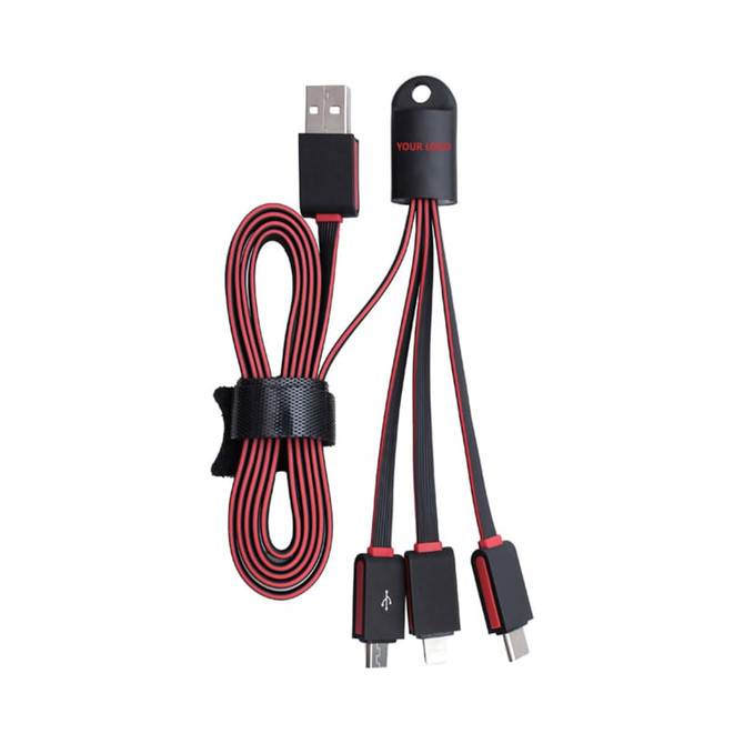 A black and red multi-charge flat cable with multiple connectors, secured with a strap and featuring a logo.