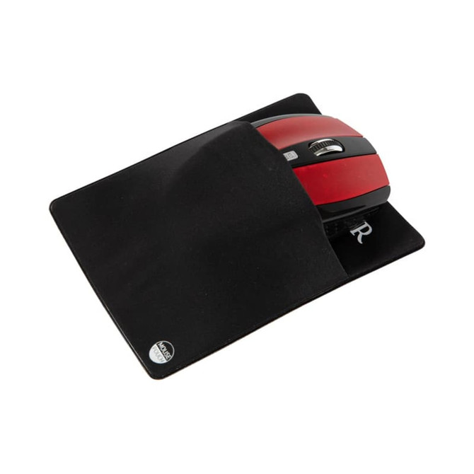 A black mouse pouch with a red computer mouse partially tucked inside. The pouch features a logo.