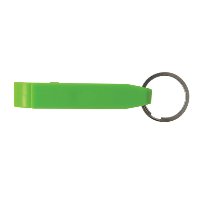 A green keytag with a keyring attachment.
