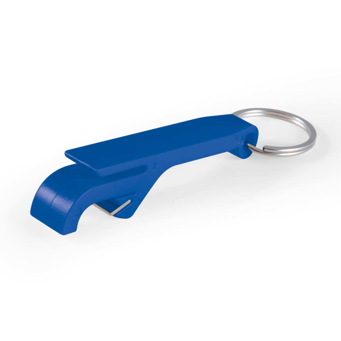 A blue keytag bottle opener with a keyring attachment.