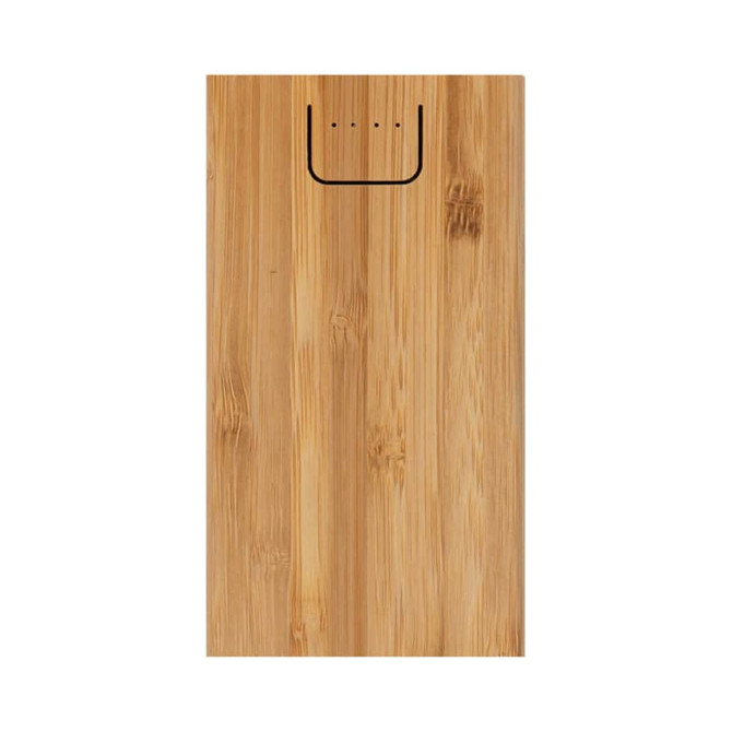 A bamboo wireless power bank in a natural finish, featuring a simple logo and three indicator lights.
