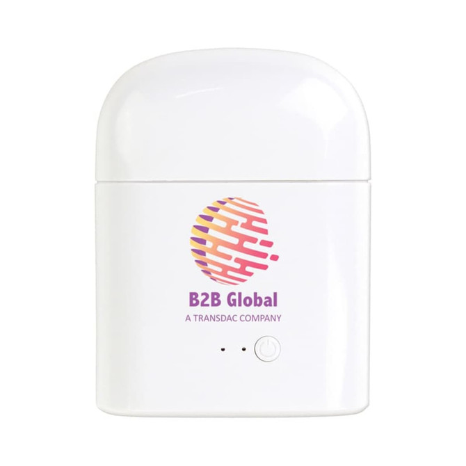 A white charging case with a logo, designed for wireless earbuds, featuring a smooth, rounded design.