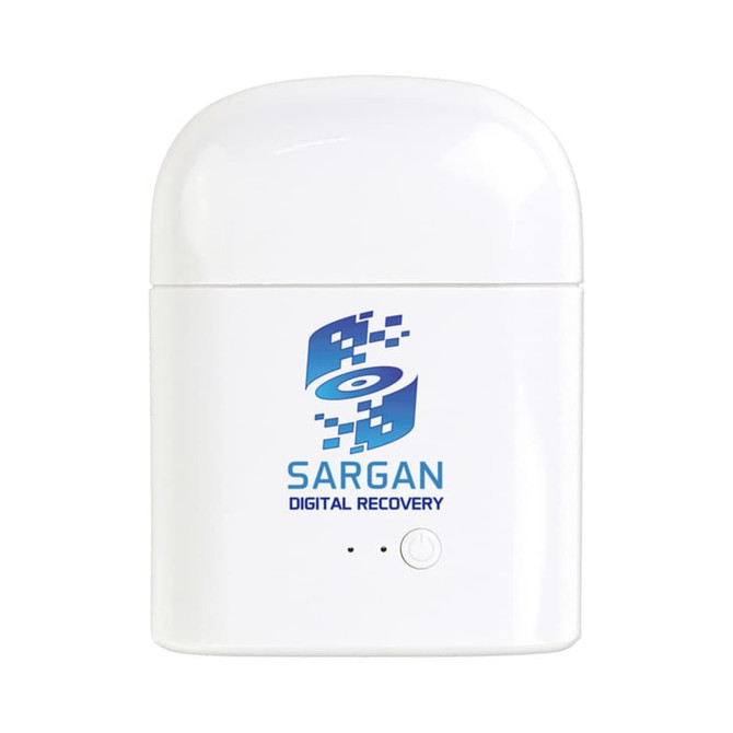 A white charging case with a logo, designed for wireless earphones, featuring LED indicator lights.