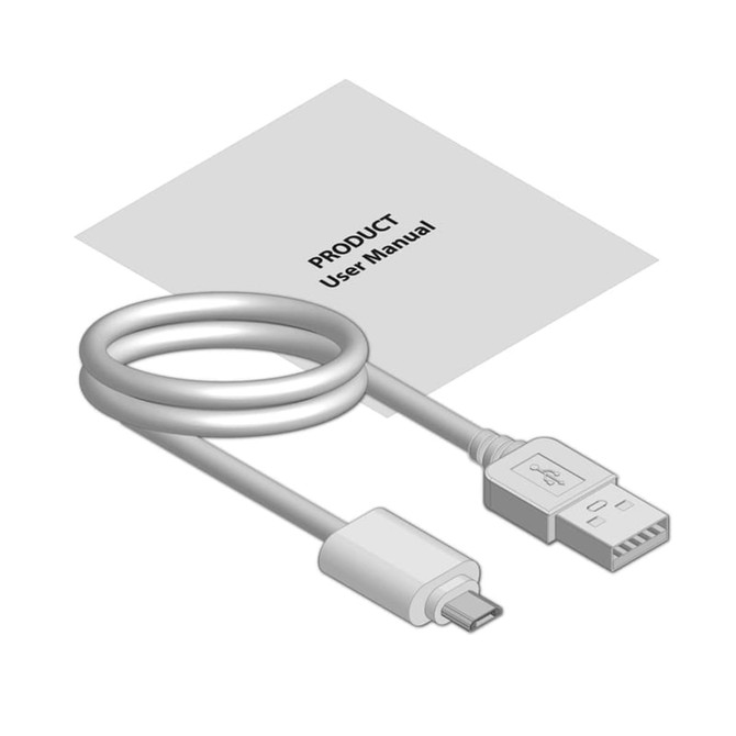 A white USB cable and user manual on a light background, featuring a simple design.