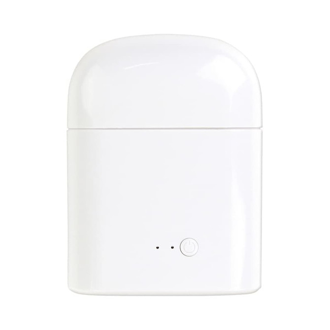 A white charging case for wireless earbuds with a small power button and indicator lights.