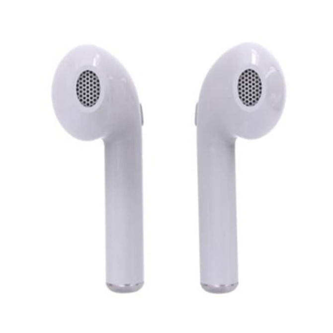 White true wireless stereo earphones with a sleek design and a built-in logo.