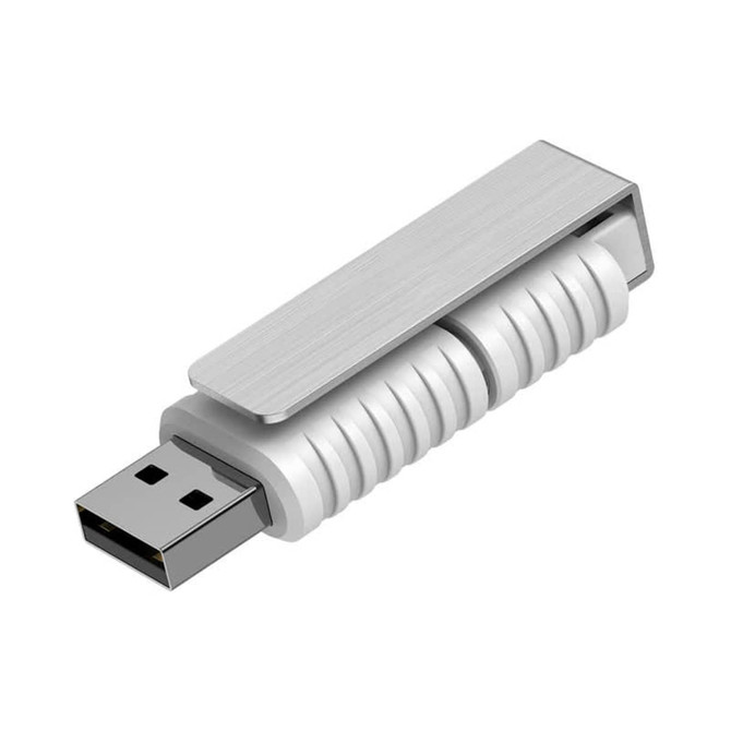 A white and silver USB flash drive with a sleek design and a metal clip. It features a logo on the surface.