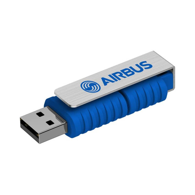 A blue flash drive with a silver metallic clip and branding. The drive features a ribbed design for grip.