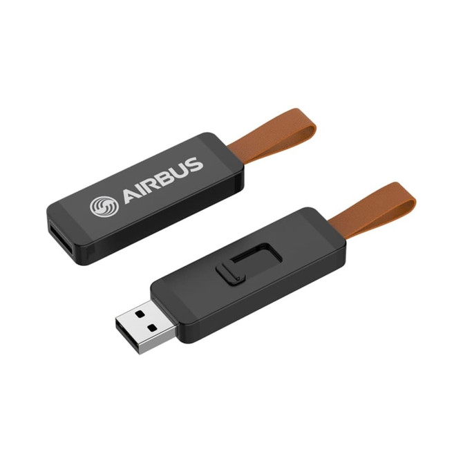 A black USB flash drive with a brown strap, featuring a logo on one side.