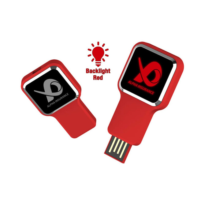 A red flash drive with a square design and a logo on the front, featuring a backlight illumination.
